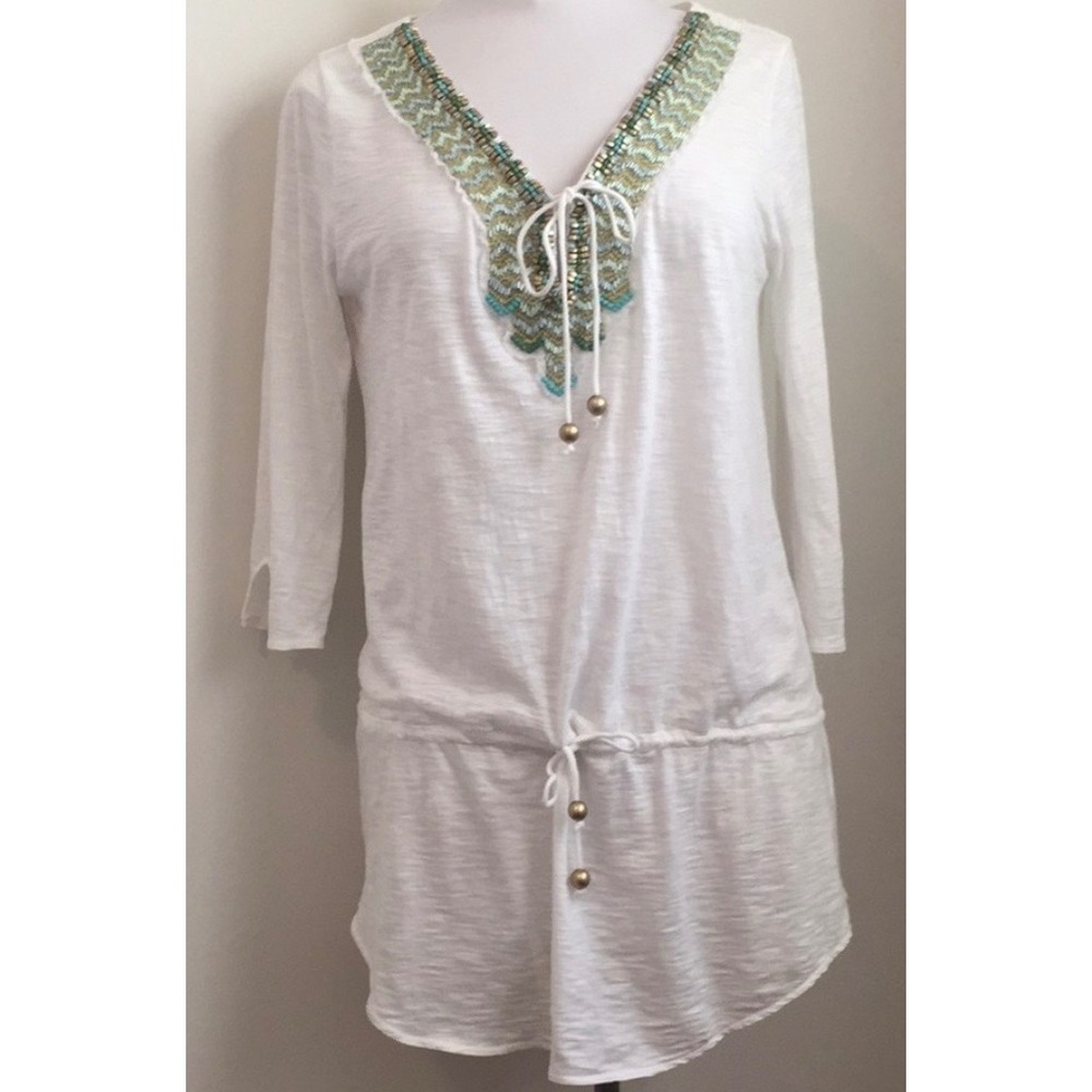 Banana Republic White Beaded coverup XS Boho Slub Knit 3/4 Sleeve Drawstring